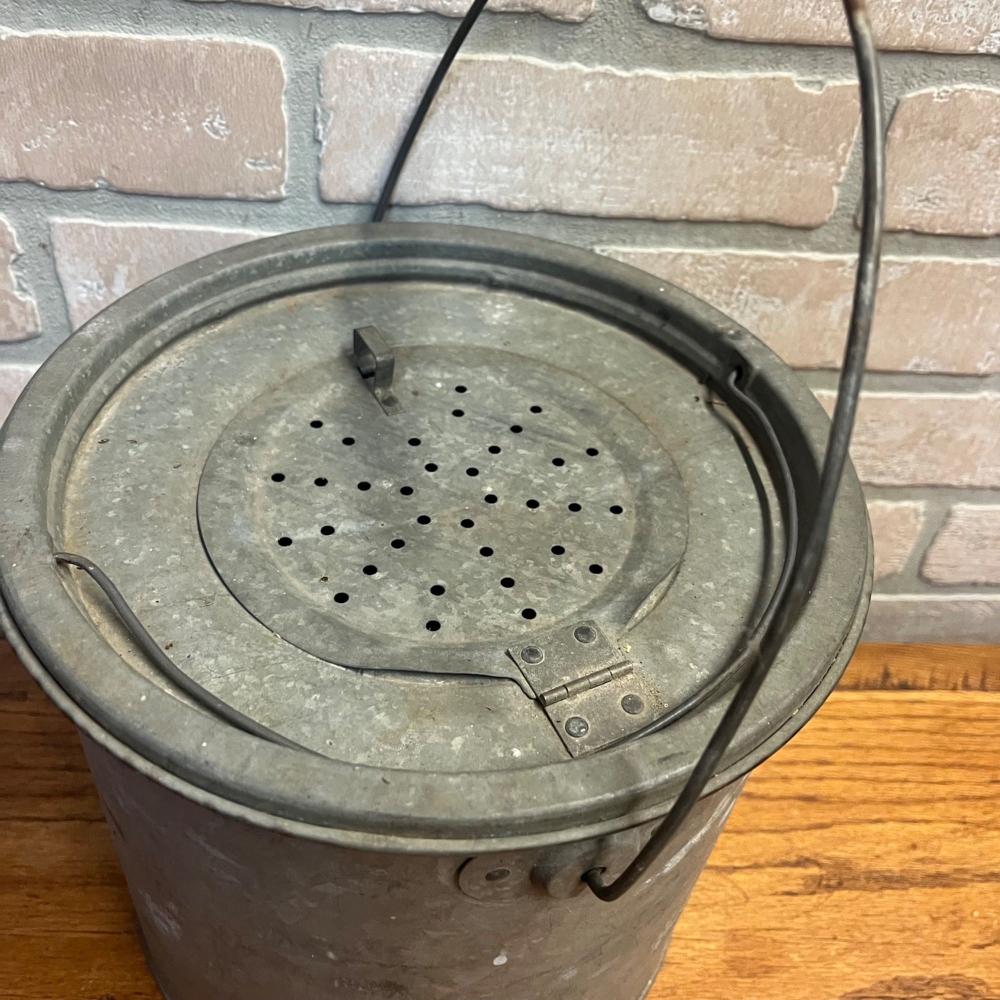 Vintage Metal Full Flote JC Higgens Minnow Bucket With Lid and Wire Handle With Red Wood Grip Sears and Roebuck Primitive Cabin Decor