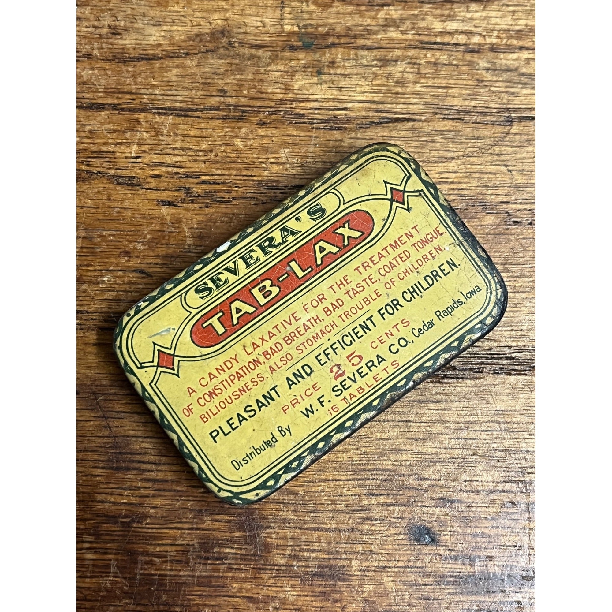 Antique Severa Tab-Lax Candy Laxative Medicine Tin Litho Can Cedar Rapids IA