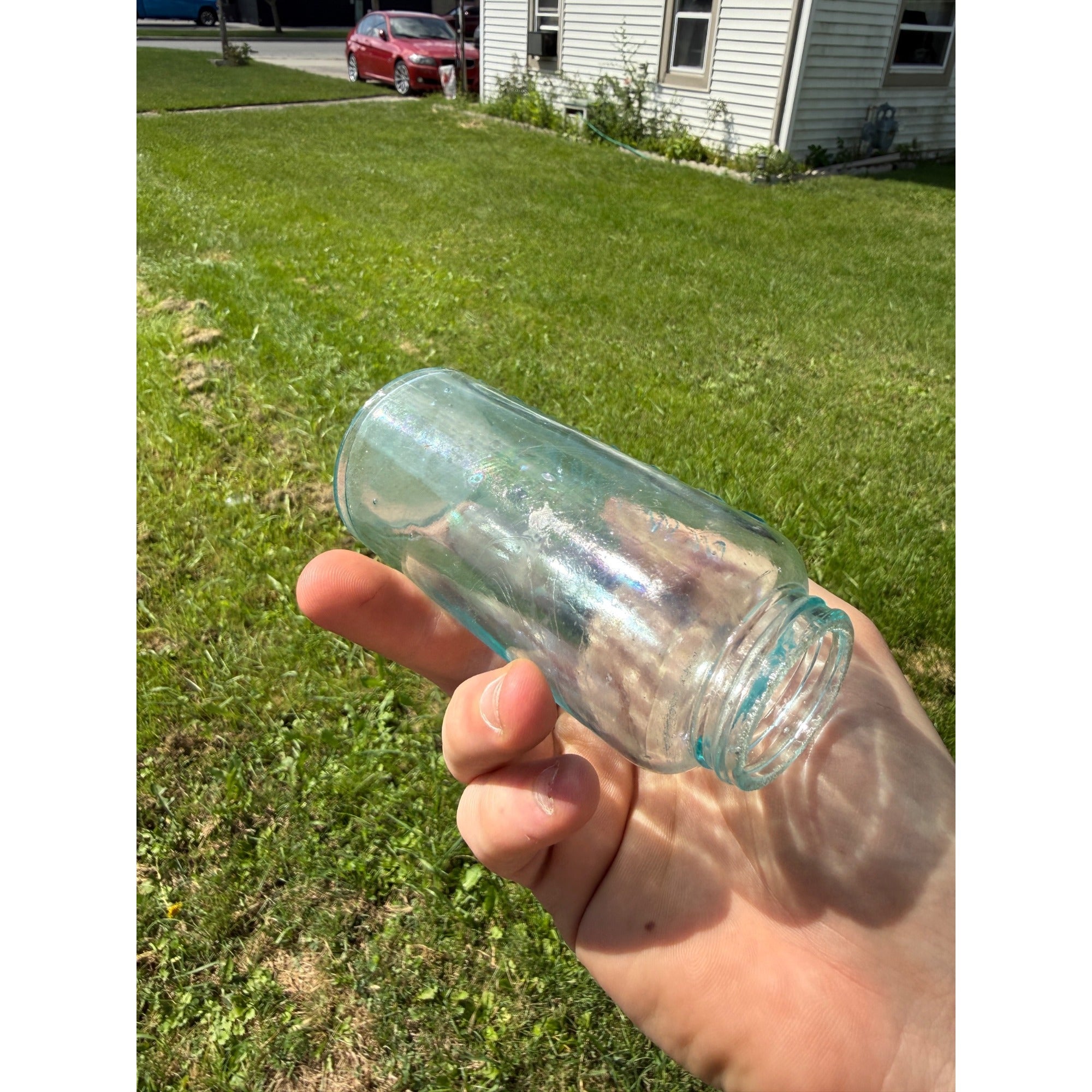 Antique Vintage F.E. McAllister Mocking Bird Food NY Blue Glass Bottle Jar No Lid