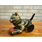 RARE Vintage German Tin Litho Wind-Up Cat Chasing Ball Toy w/ Leather Ears