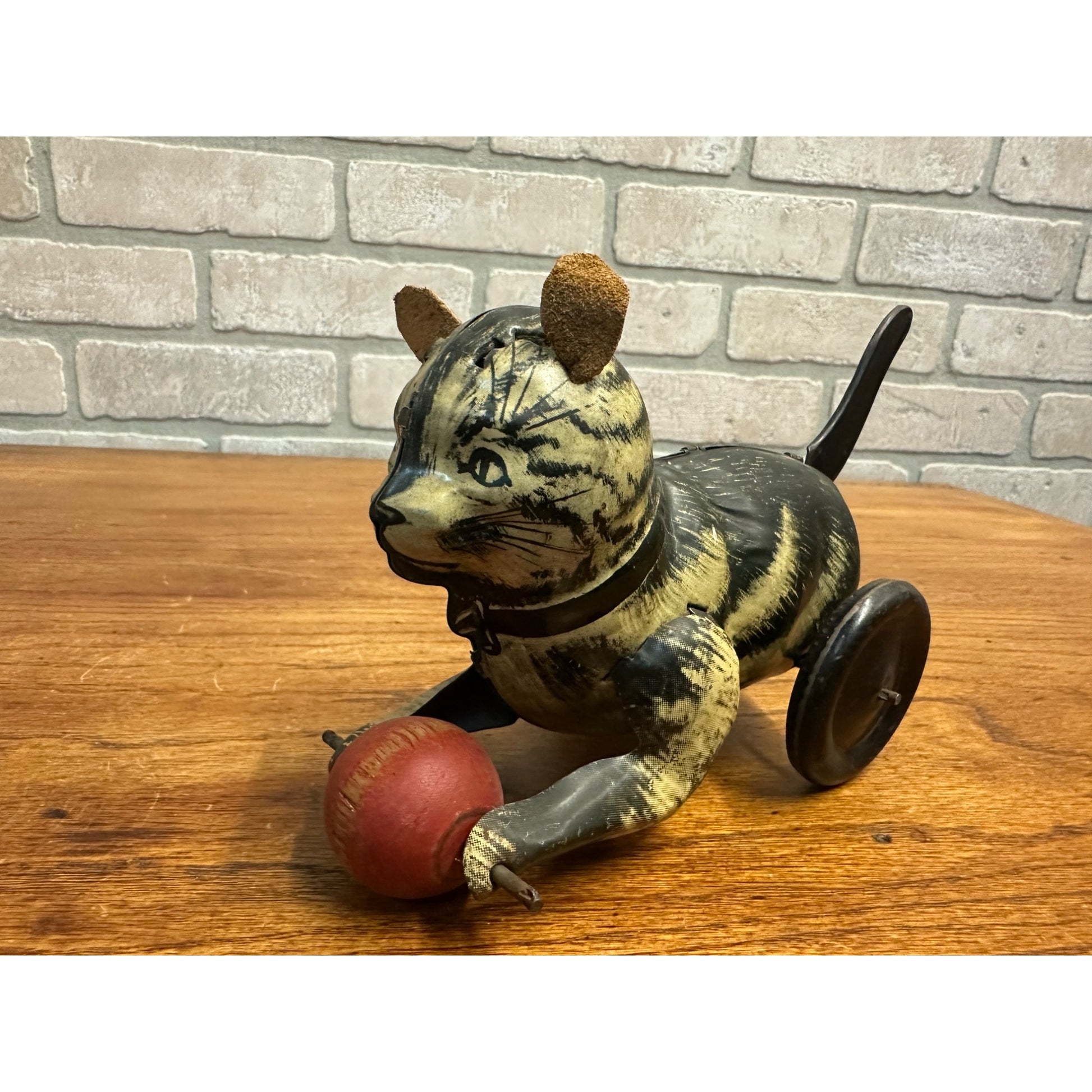 RARE Vintage German Tin Litho Wind-Up Cat Chasing Ball Toy w/ Leather Ears
