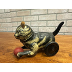 RARE Vintage German Tin Litho Wind-Up Cat Chasing Ball Toy w/ Leather Ears
