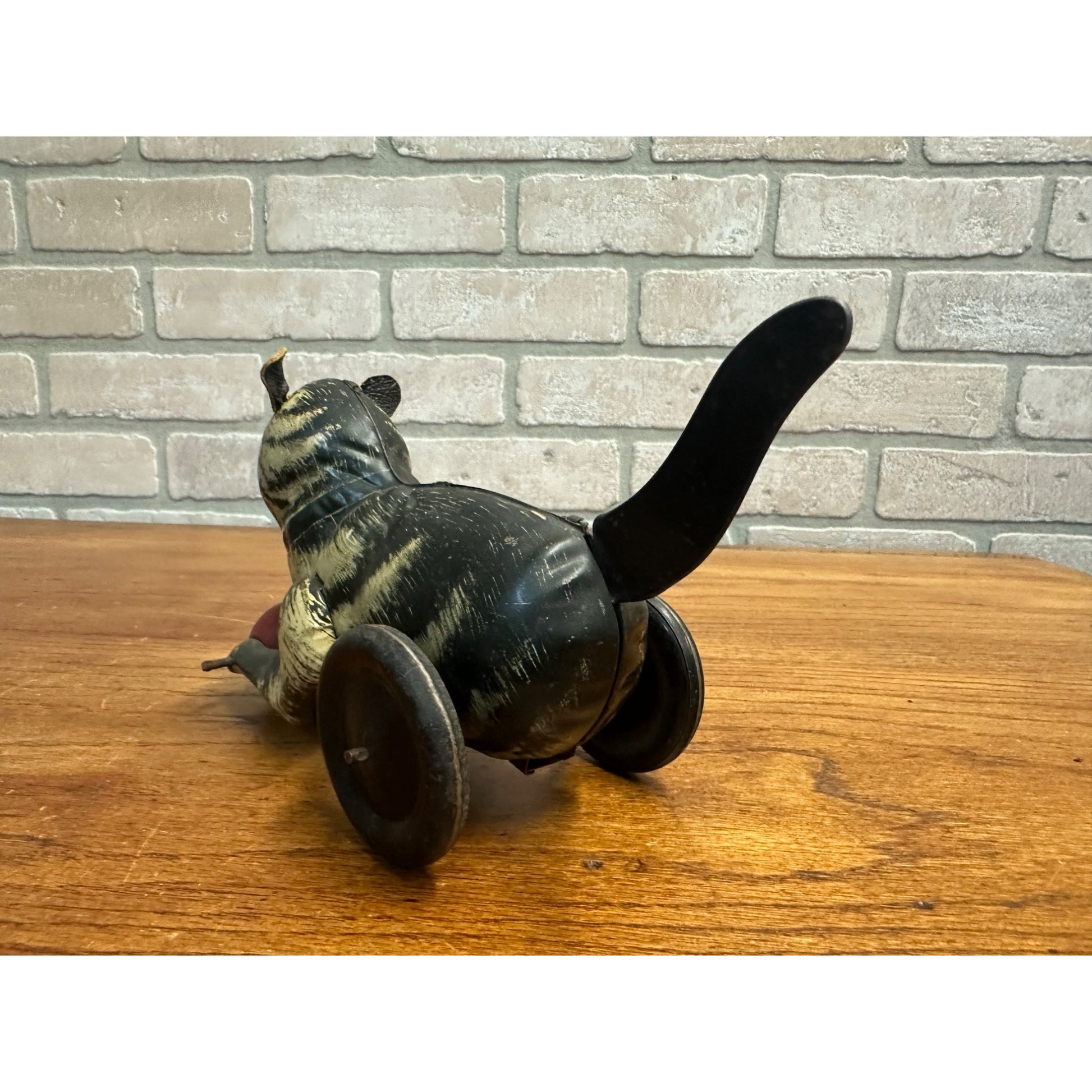 RARE Vintage German Tin Litho Wind-Up Cat Chasing Ball Toy w/ Leather Ears