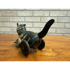 RARE Vintage German Tin Litho Wind-Up Cat Chasing Ball Toy w/ Leather Ears