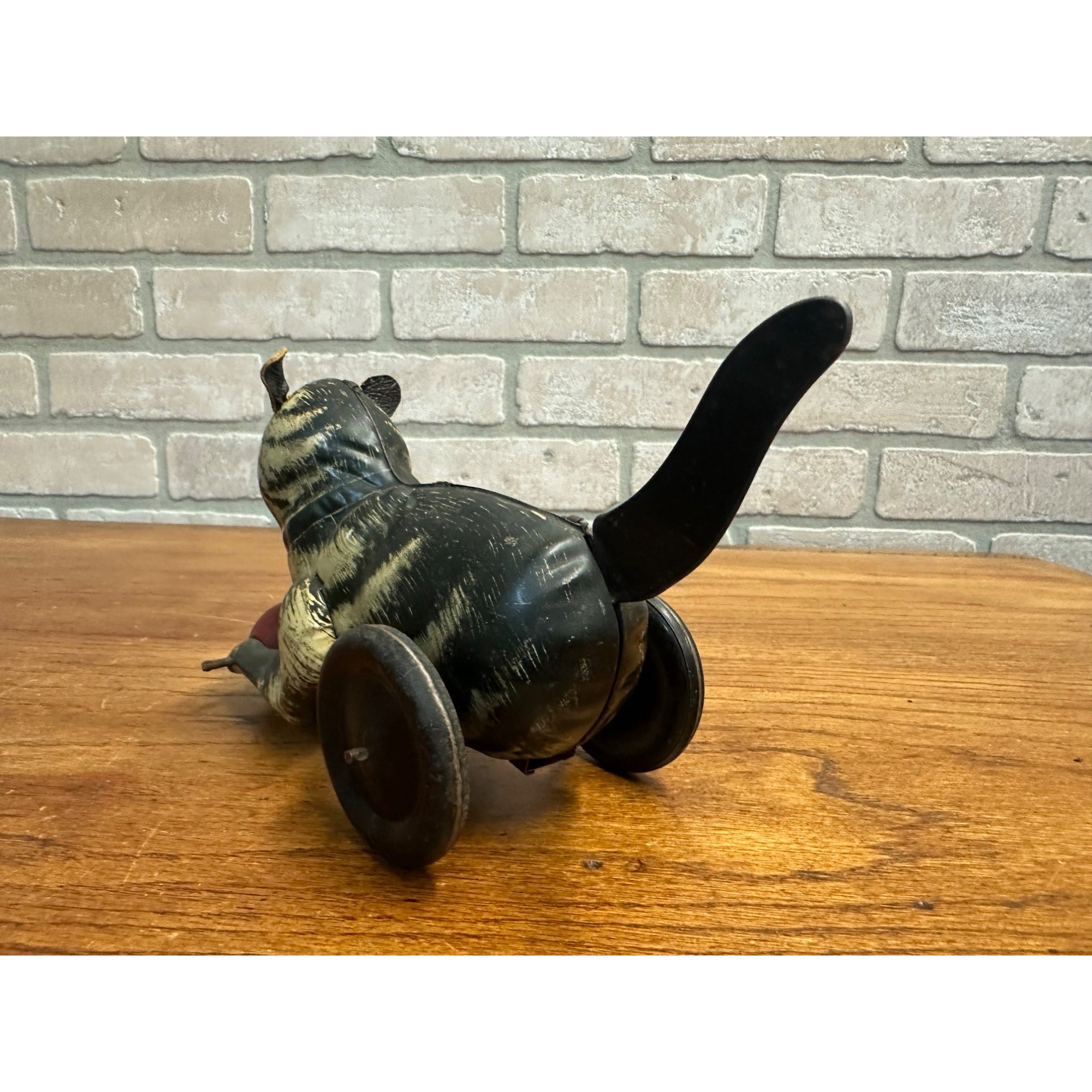 RARE Vintage German Tin Litho Wind-Up Cat Chasing Ball Toy w/ Leather Ears