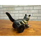 RARE Vintage German Tin Litho Wind-Up Cat Chasing Ball Toy w/ Leather Ears