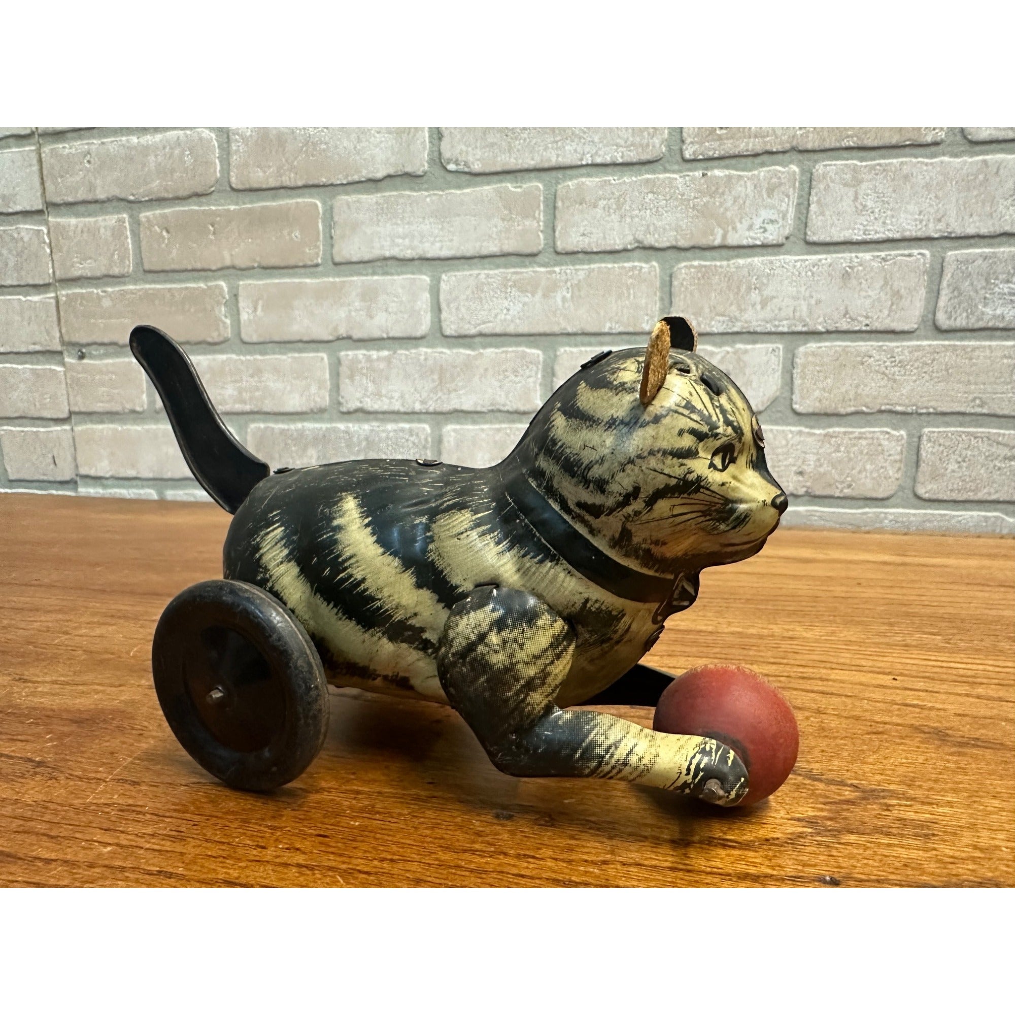 RARE Vintage German Tin Litho Wind-Up Cat Chasing Ball Toy w/ Leather Ears