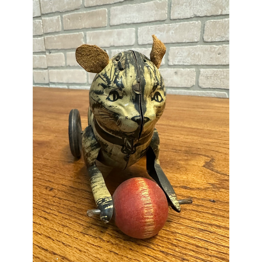 RARE Vintage German Tin Litho Wind-Up Cat Chasing Ball Toy w/ Leather Ears