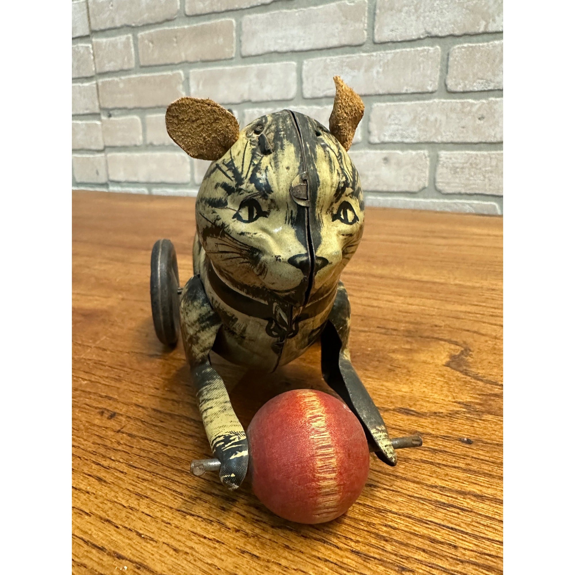 RARE Vintage German Tin Litho Wind-Up Cat Chasing Ball Toy w/ Leather Ears