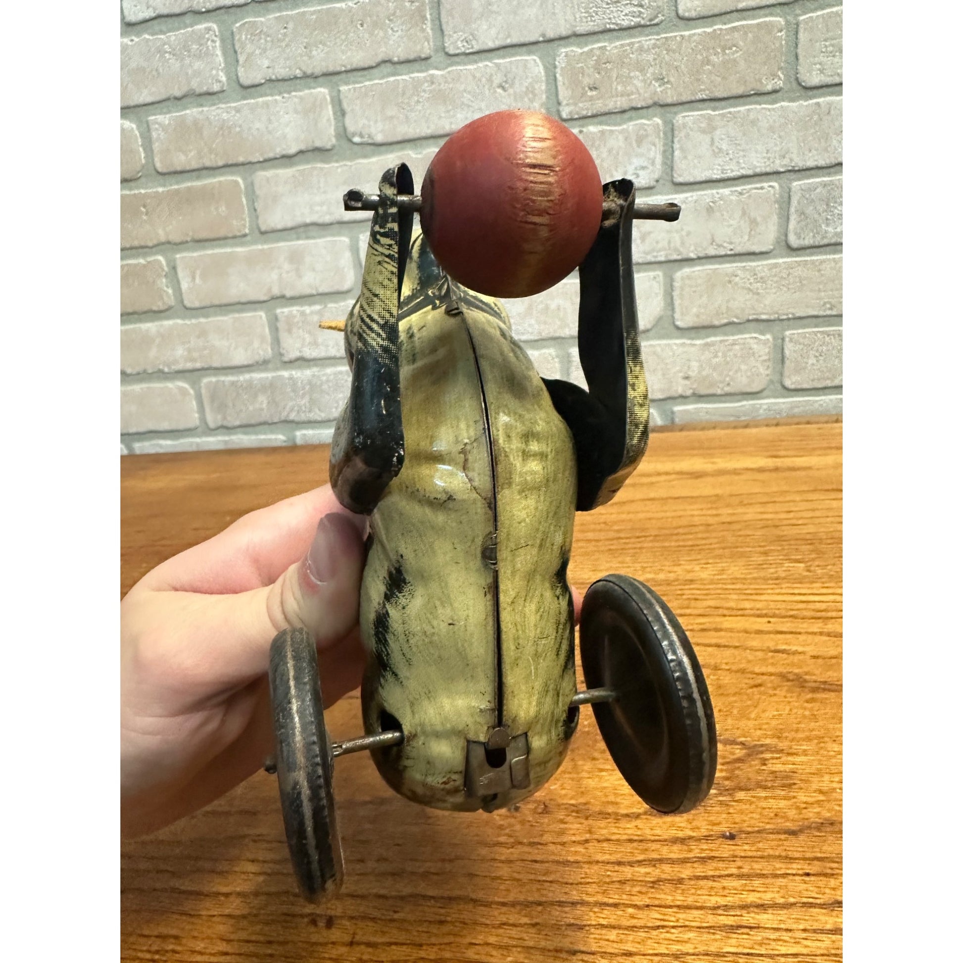 RARE Vintage German Tin Litho Wind-Up Cat Chasing Ball Toy w/ Leather Ears