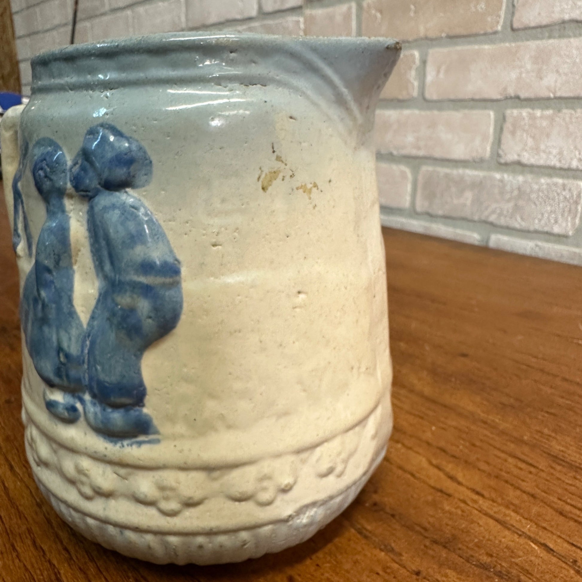 Antique 1916 Brush-McCoy Stoneware Pitcher with Kissing Dutch Children/Windmill