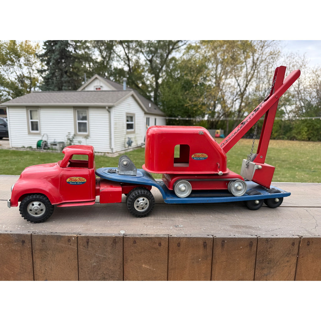 Vintage 1950s Tonka Toys Truck Lowboy Trailer w/ Steam Shovel Pressed Steel Toy