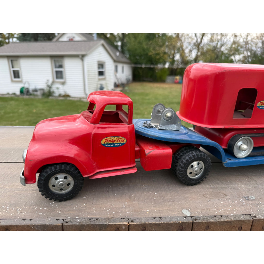 Vintage 1950s Tonka Toys Truck Lowboy Trailer w/ Steam Shovel Pressed Steel Toy