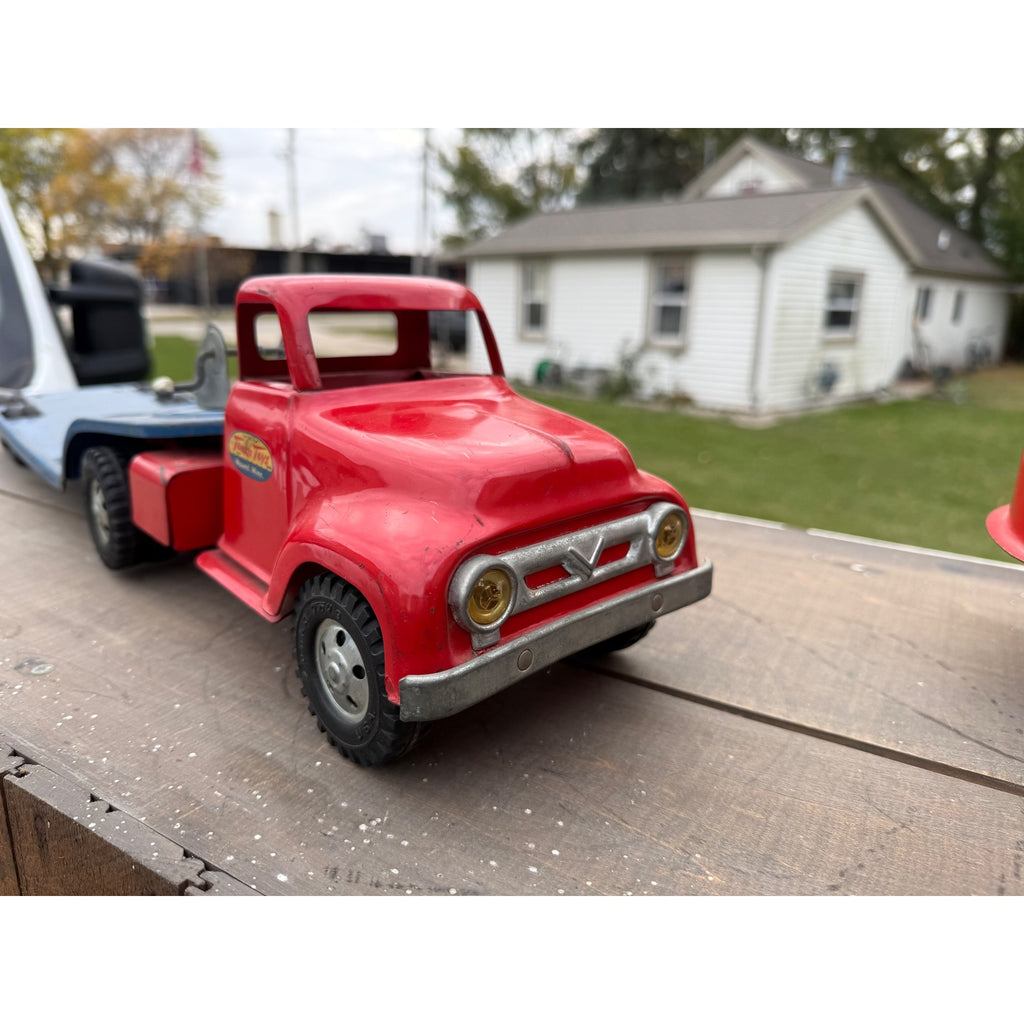 Vintage 1950s Tonka Toys Truck Lowboy Trailer w/ Steam Shovel Pressed Steel Toy