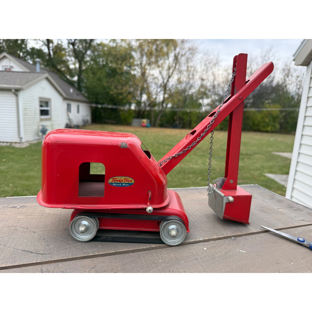 Vintage 1950s Tonka Toys Truck Lowboy Trailer w/ Steam Shovel Pressed Steel Toy