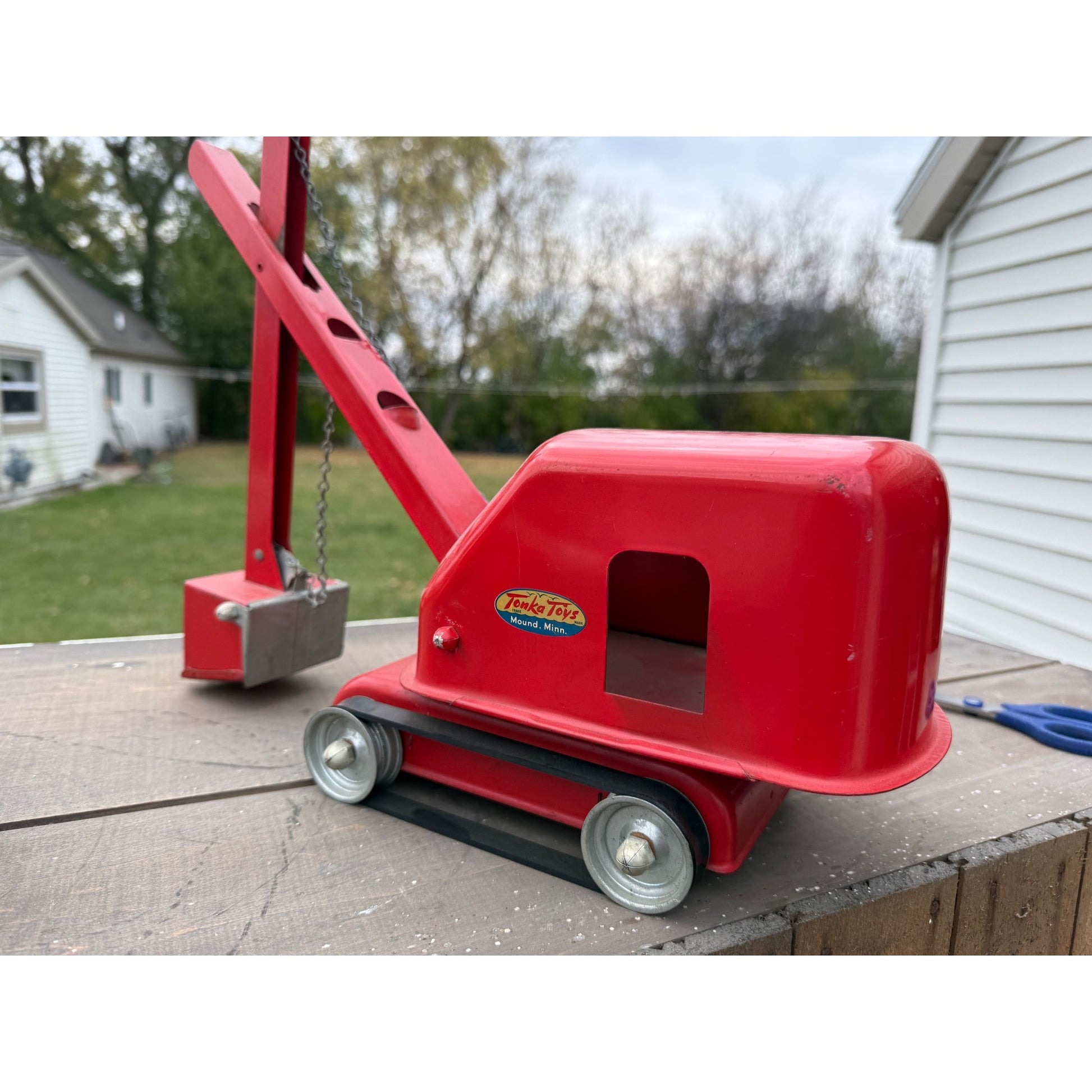 Vintage 1950s Tonka Toys Truck Lowboy Trailer w/ Steam Shovel Pressed Steel Toy