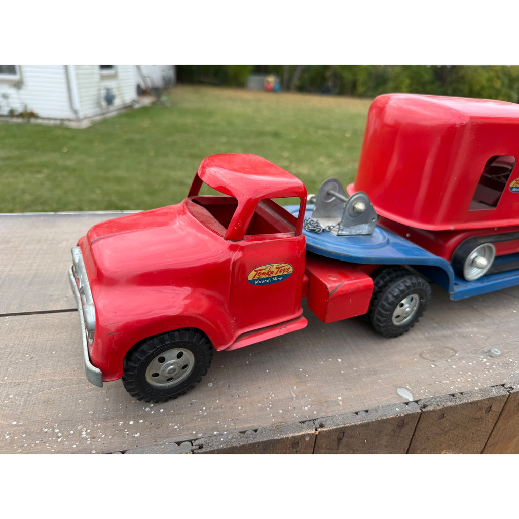 Vintage 1950s Tonka Toys Truck Lowboy Trailer w/ Steam Shovel Pressed Steel Toy