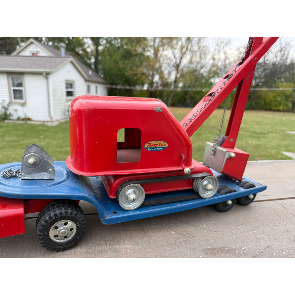 Vintage 1950s Tonka Toys Truck Lowboy Trailer w/ Steam Shovel Pressed Steel Toy