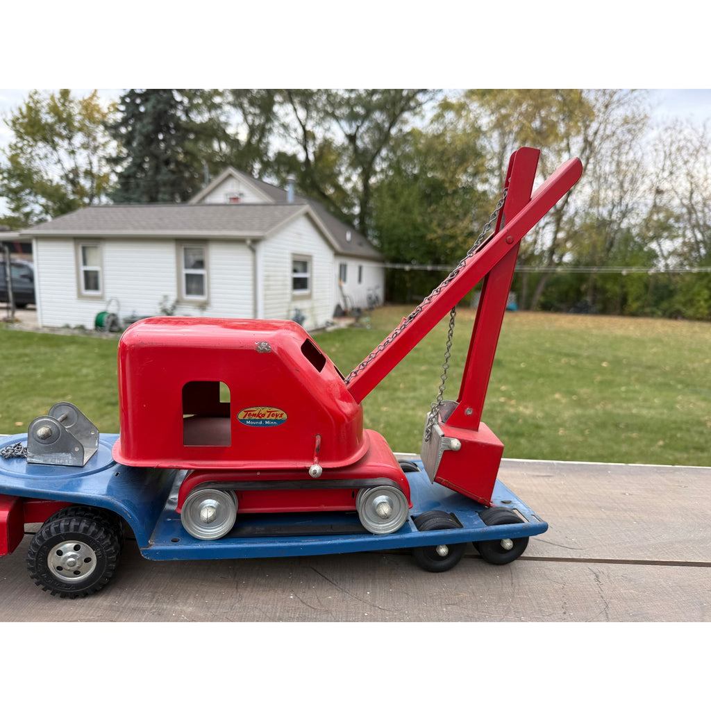 Vintage 1950s Tonka Toys Truck Lowboy Trailer w/ Steam Shovel Pressed Steel Toy