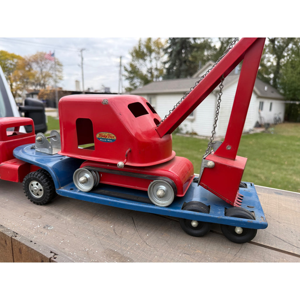 Vintage 1950s Tonka Toys Truck Lowboy Trailer w/ Steam Shovel Pressed Steel Toy