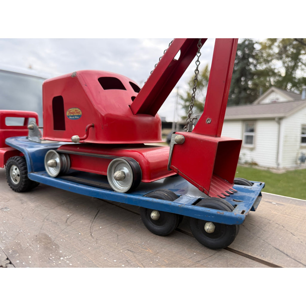 Vintage 1950s Tonka Toys Truck Lowboy Trailer w/ Steam Shovel Pressed Steel Toy