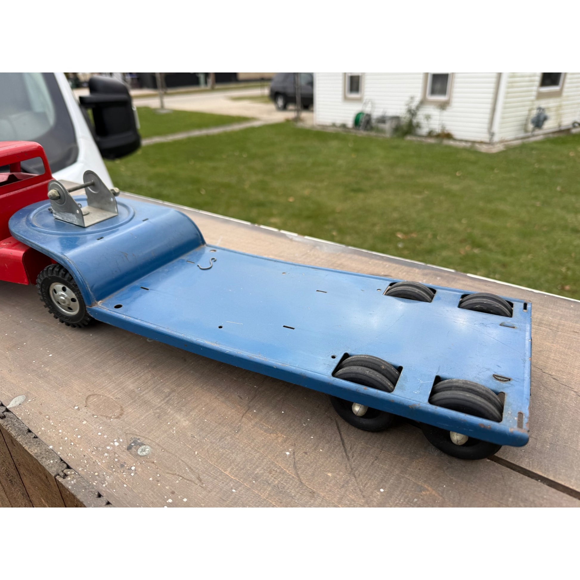 Vintage 1950s Tonka Toys Truck Lowboy Trailer w/ Steam Shovel Pressed Steel Toy