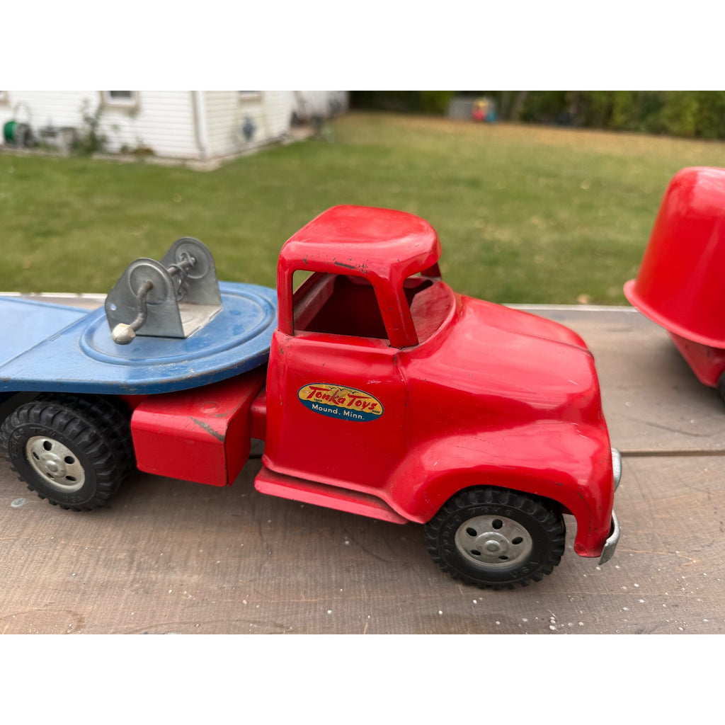 Vintage 1950s Tonka Toys Truck Lowboy Trailer w/ Steam Shovel Pressed Steel Toy