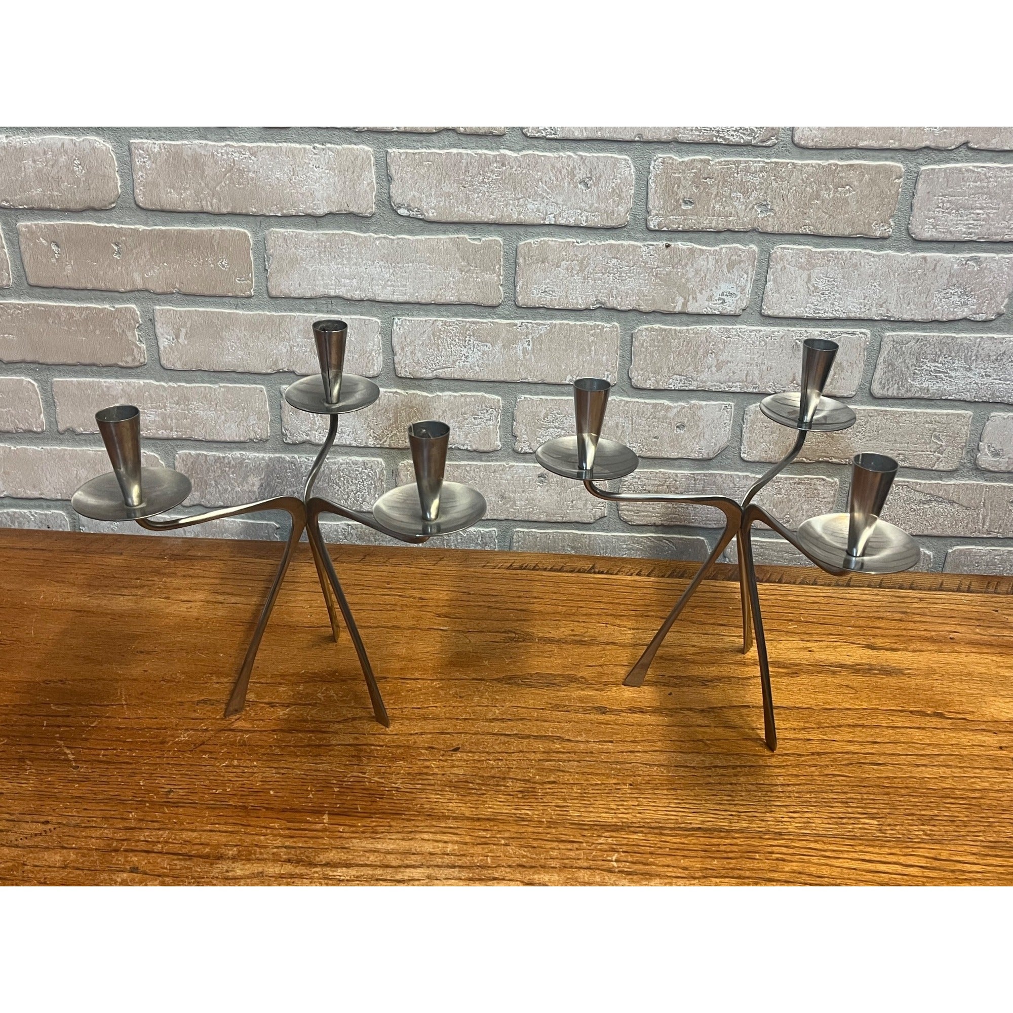 Vintage 1960's Swedish GABIS Stainless Steel Metal Candelabra Candlesticks Pair MCM Tablescaping