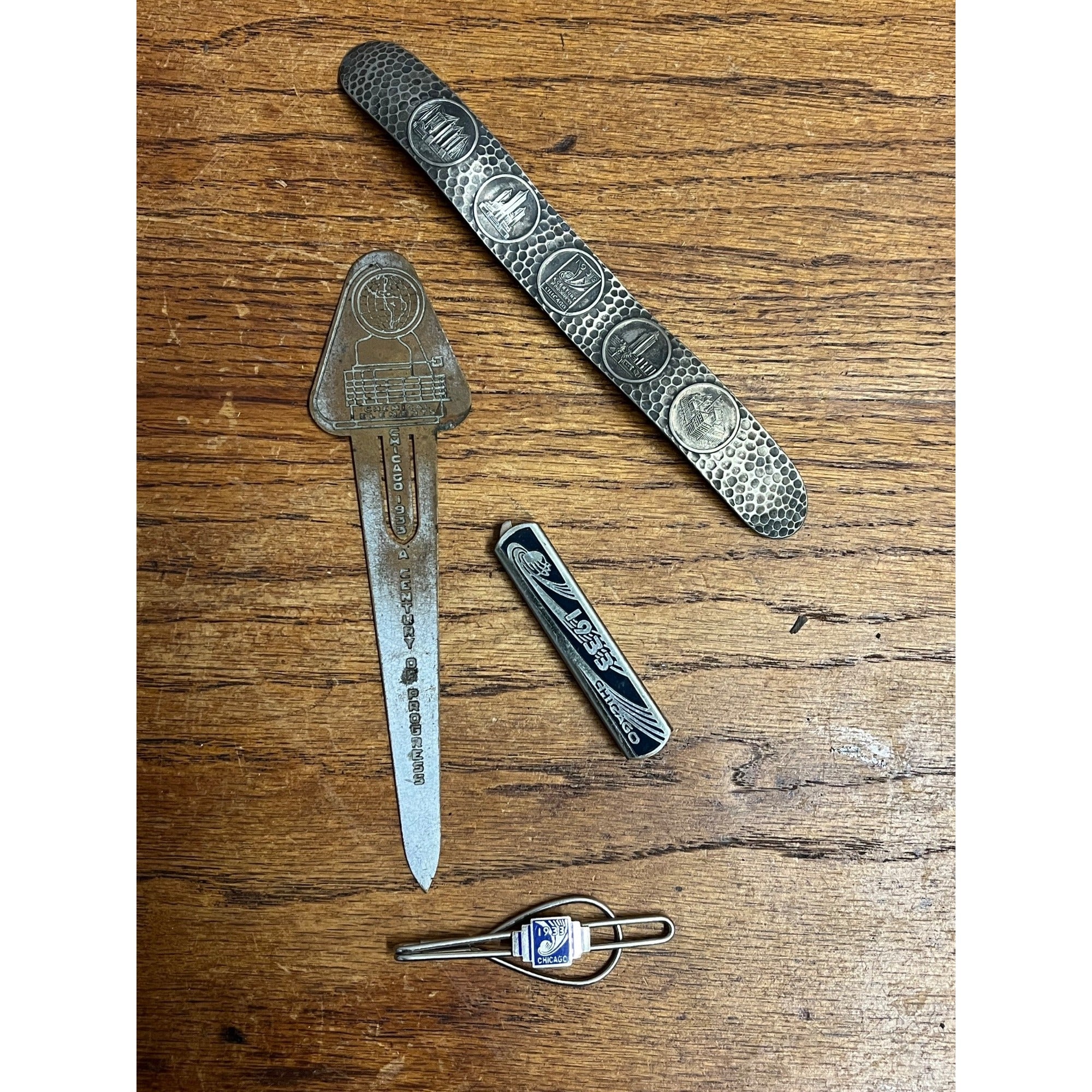 Vintage 1933 Chicago Worlds Fair Souvenir Lot Can Opener, Tie Bar, Bookmark Cuff