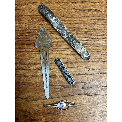 Vintage 1933 Chicago Worlds Fair Souvenir Lot Can Opener, Tie Bar, Bookmark Cuff