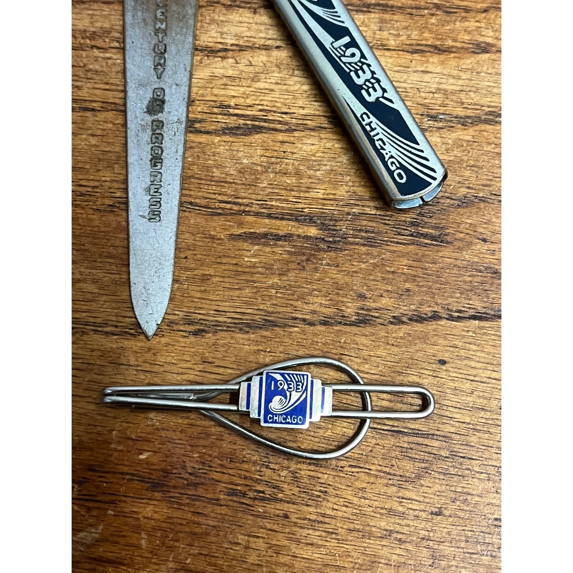 Vintage 1933 Chicago Worlds Fair Souvenir Lot Can Opener, Tie Bar, Bookmark Cuff