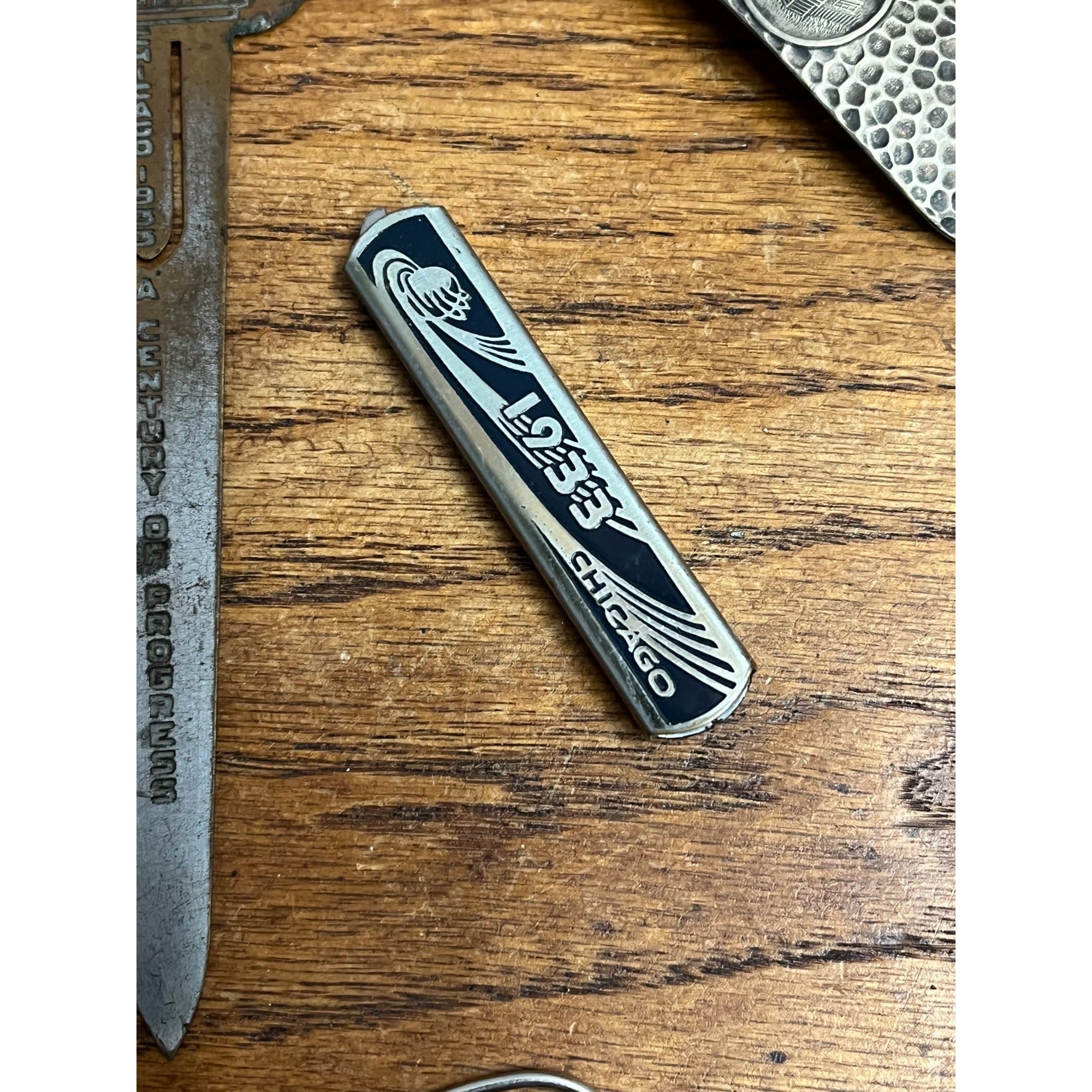 Vintage 1933 Chicago Worlds Fair Souvenir Lot Can Opener, Tie Bar, Bookmark Cuff