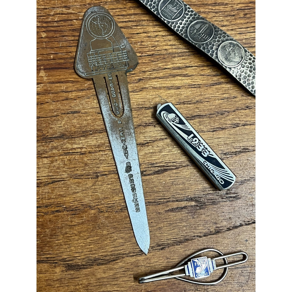 Vintage 1933 Chicago Worlds Fair Souvenir Lot Can Opener, Tie Bar, Bookmark Cuff