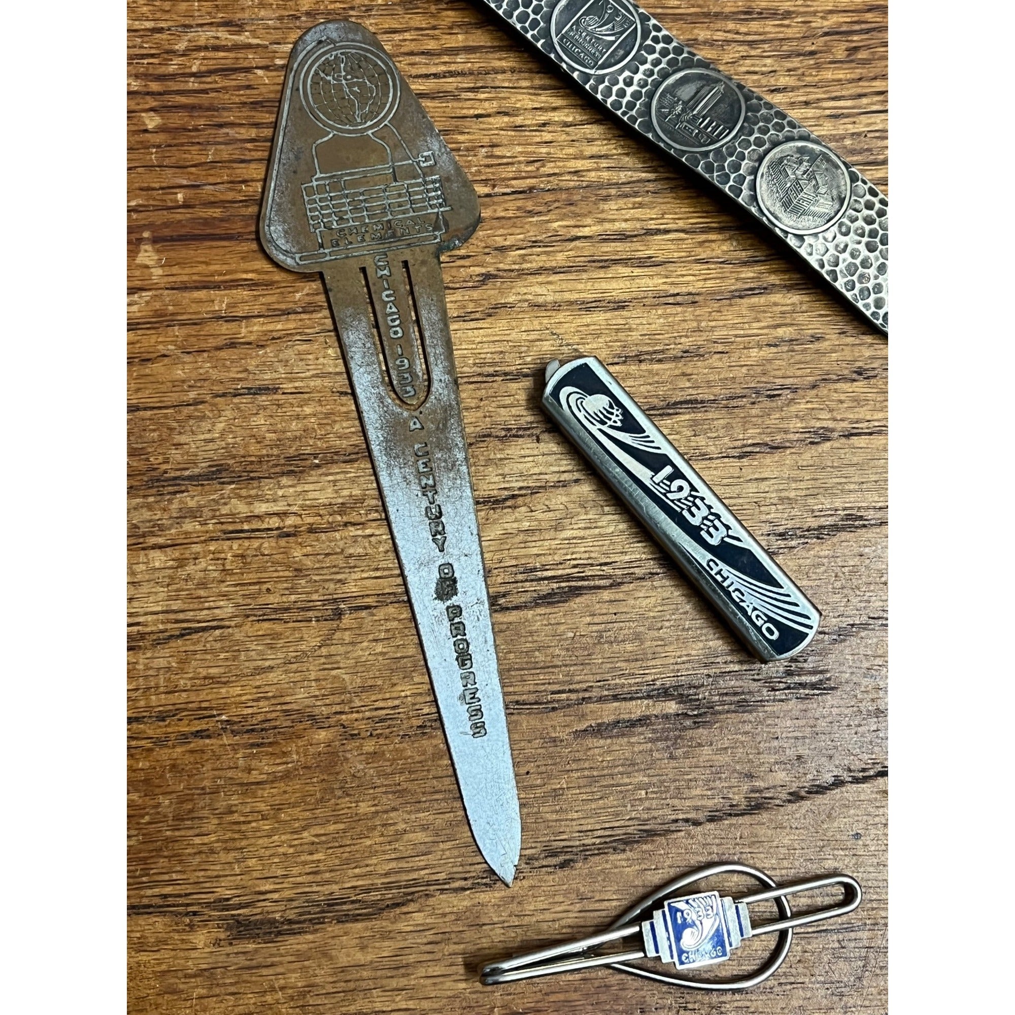 Vintage 1933 Chicago Worlds Fair Souvenir Lot Can Opener, Tie Bar, Bookmark Cuff