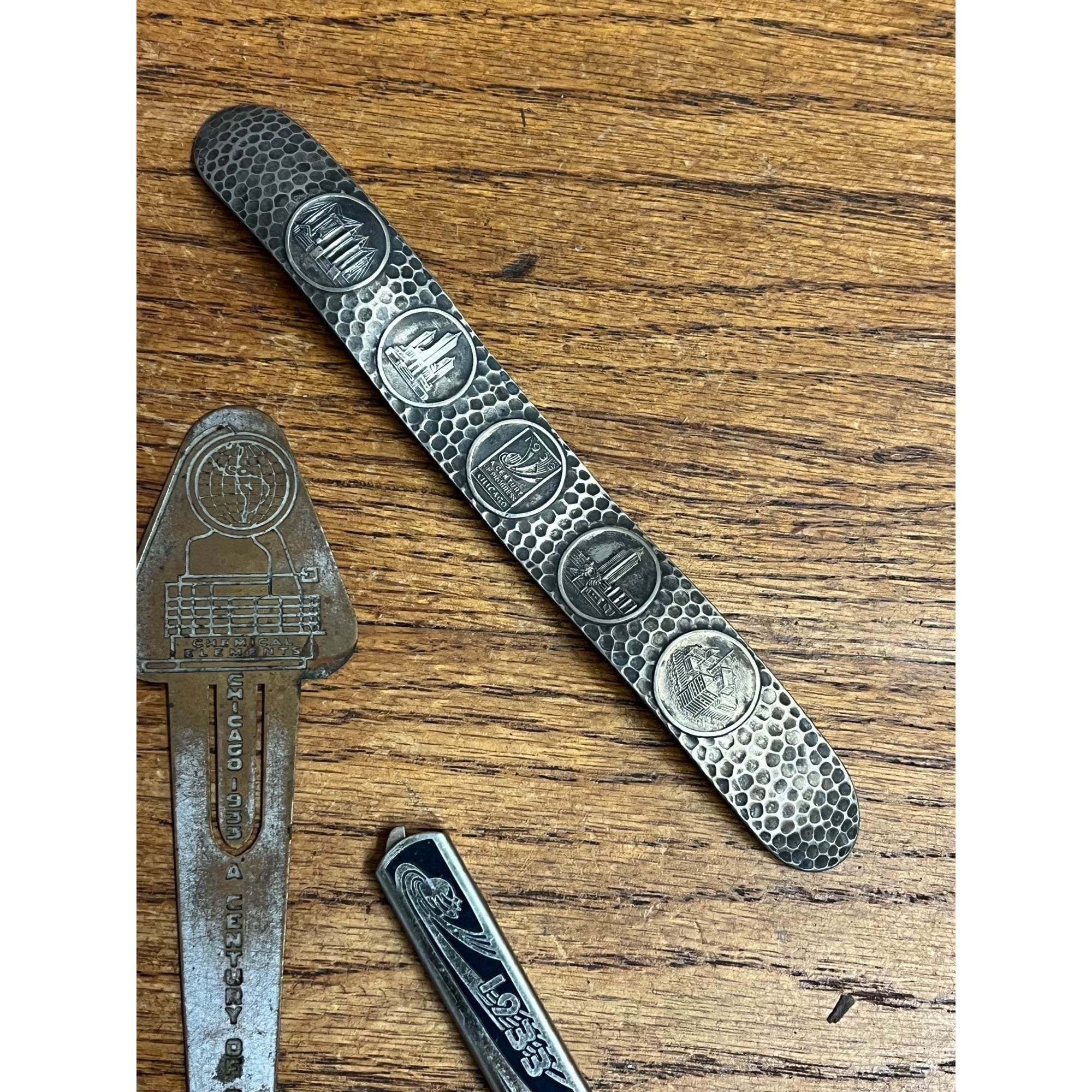 Vintage 1933 Chicago Worlds Fair Souvenir Lot Can Opener, Tie Bar, Bookmark Cuff
