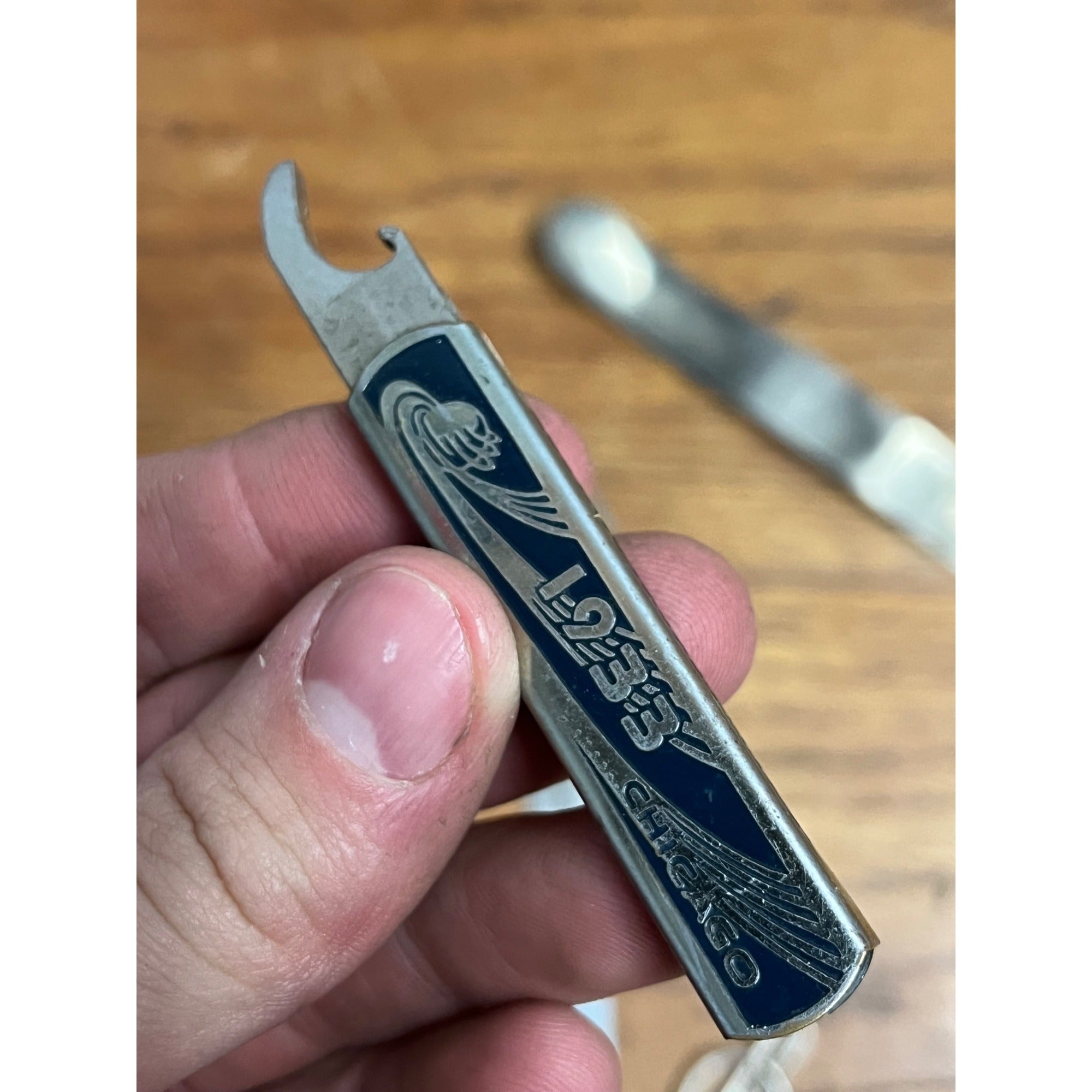 Vintage 1933 Chicago Worlds Fair Souvenir Lot Can Opener, Tie Bar, Bookmark Cuff