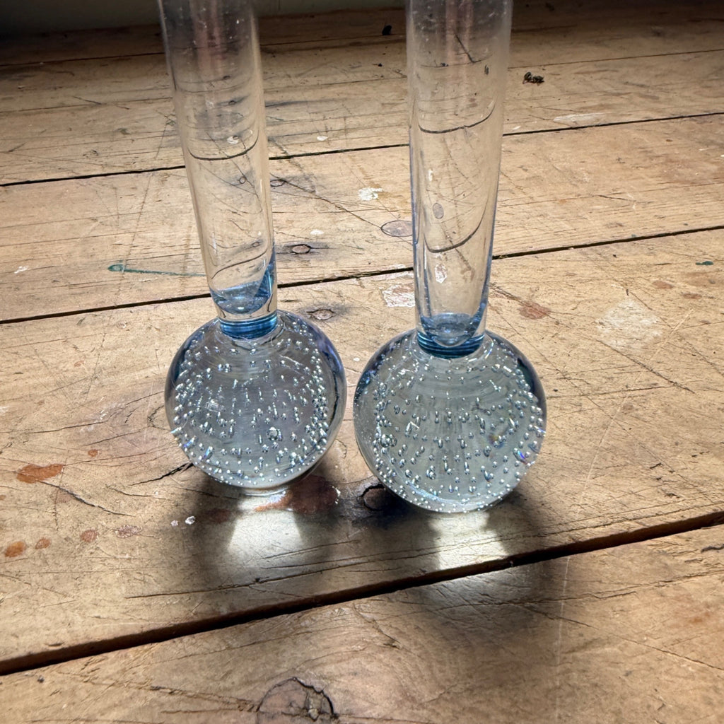 Vintage MCM Controlled Bubble Glass Blue Bud Vase Pair Black Holmegaard Danish