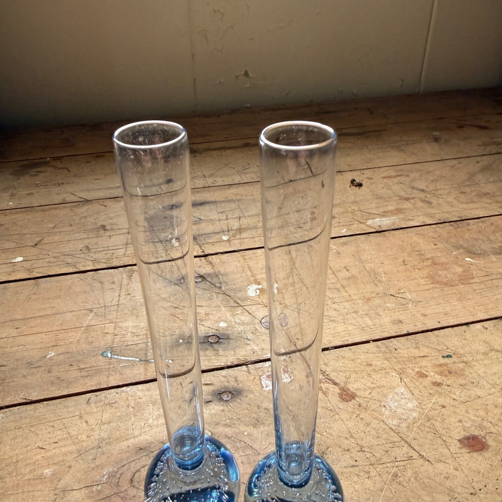 Vintage MCM Controlled Bubble Glass Blue Bud Vase Pair Black Holmegaard Danish