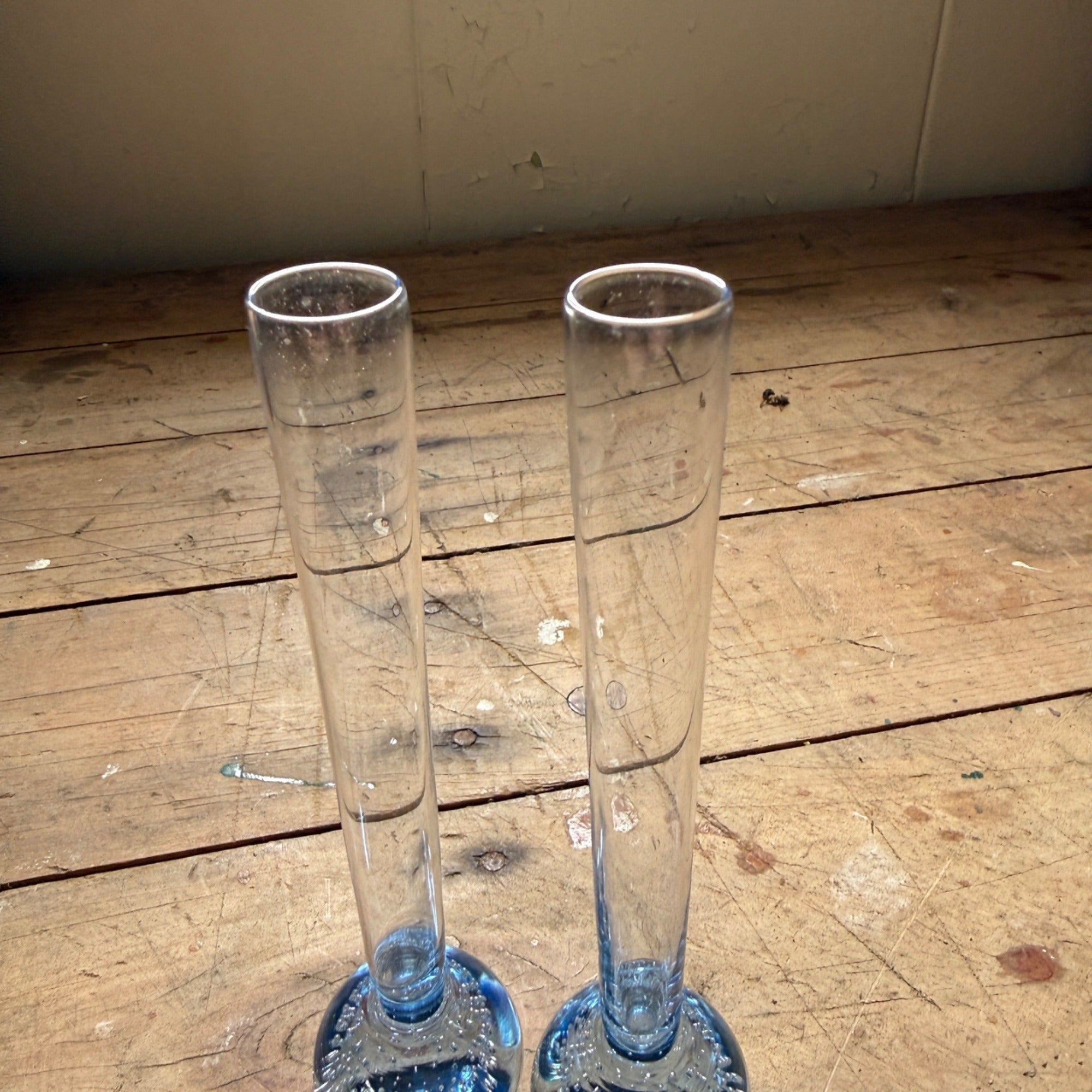 Vintage MCM Controlled Bubble Glass Blue Bud Vase Pair Black Holmegaard Danish