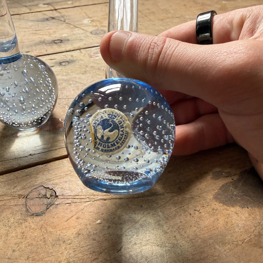 Vintage MCM Controlled Bubble Glass Blue Bud Vase Pair Black Holmegaard Danish
