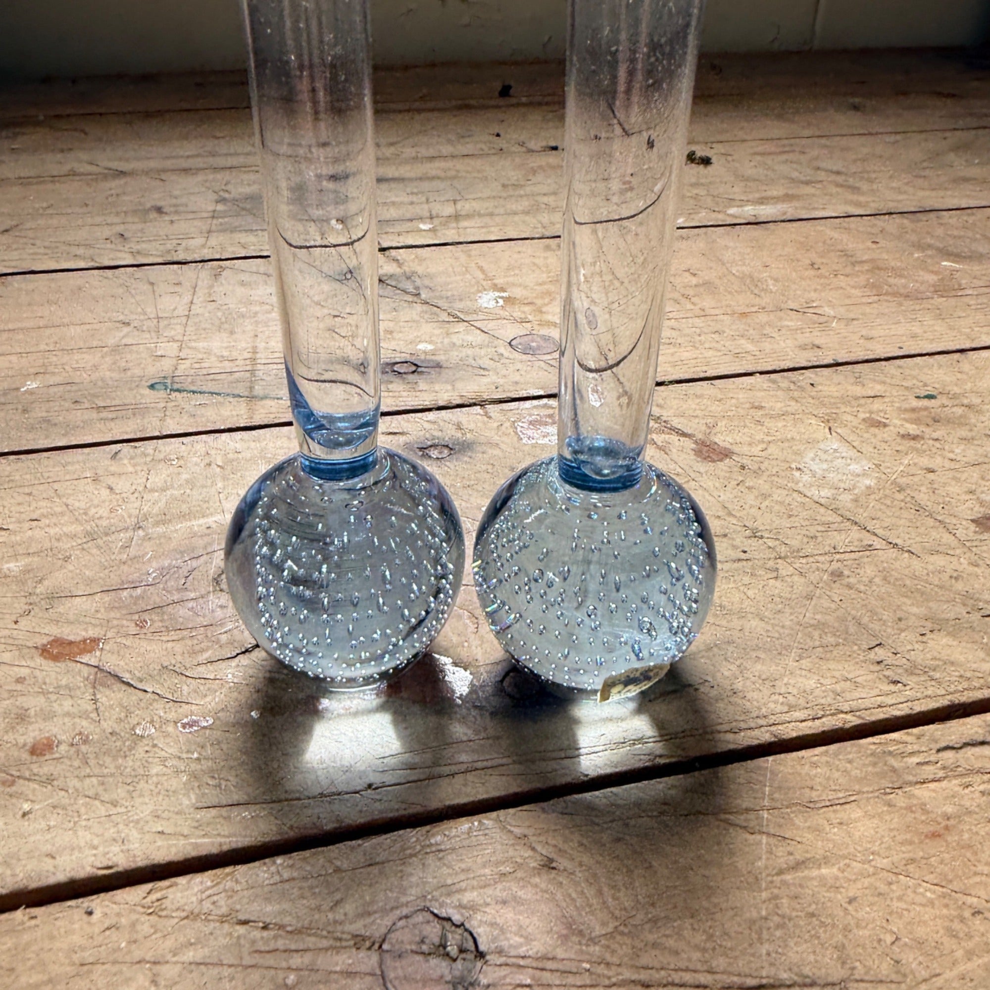 Vintage MCM Controlled Bubble Glass Blue Bud Vase Pair Black Holmegaard Danish