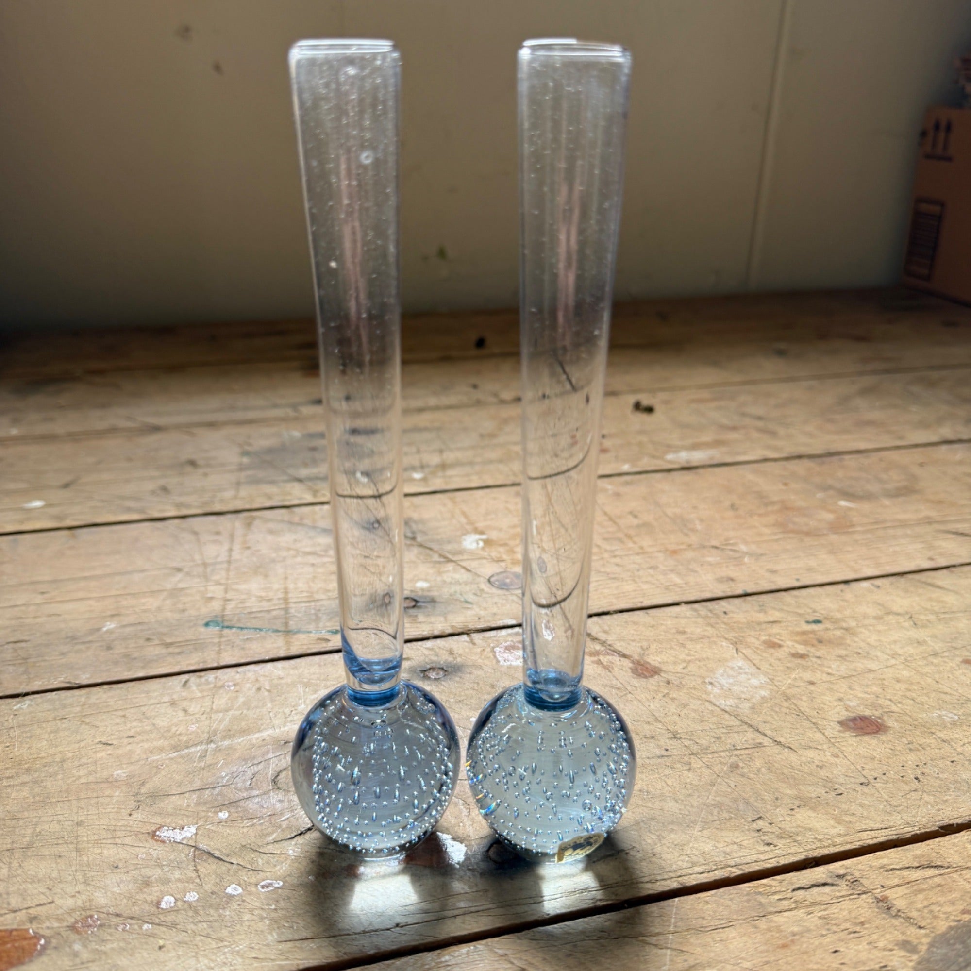 Vintage MCM Controlled Bubble Glass Blue Bud Vase Pair Black Holmegaard Danish