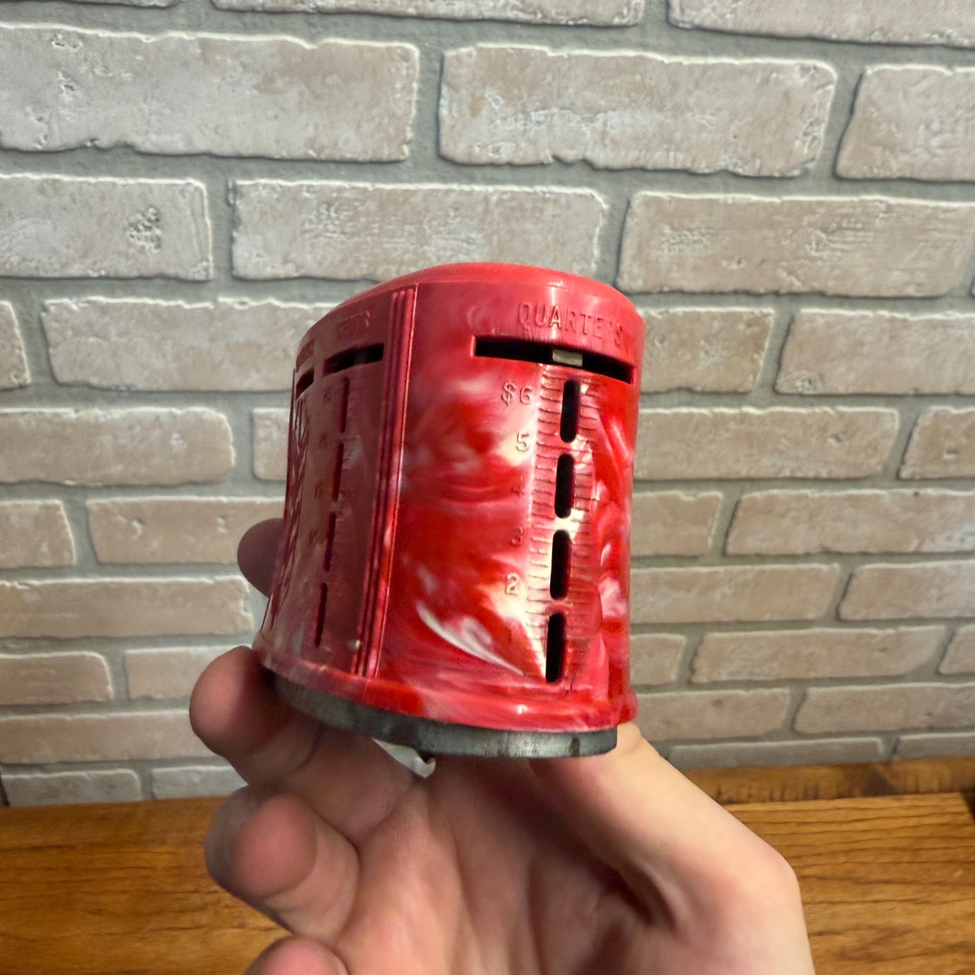 Vintage First National Bank West Bend Wisconsin Red Bakelite? Coin Bank - No Key