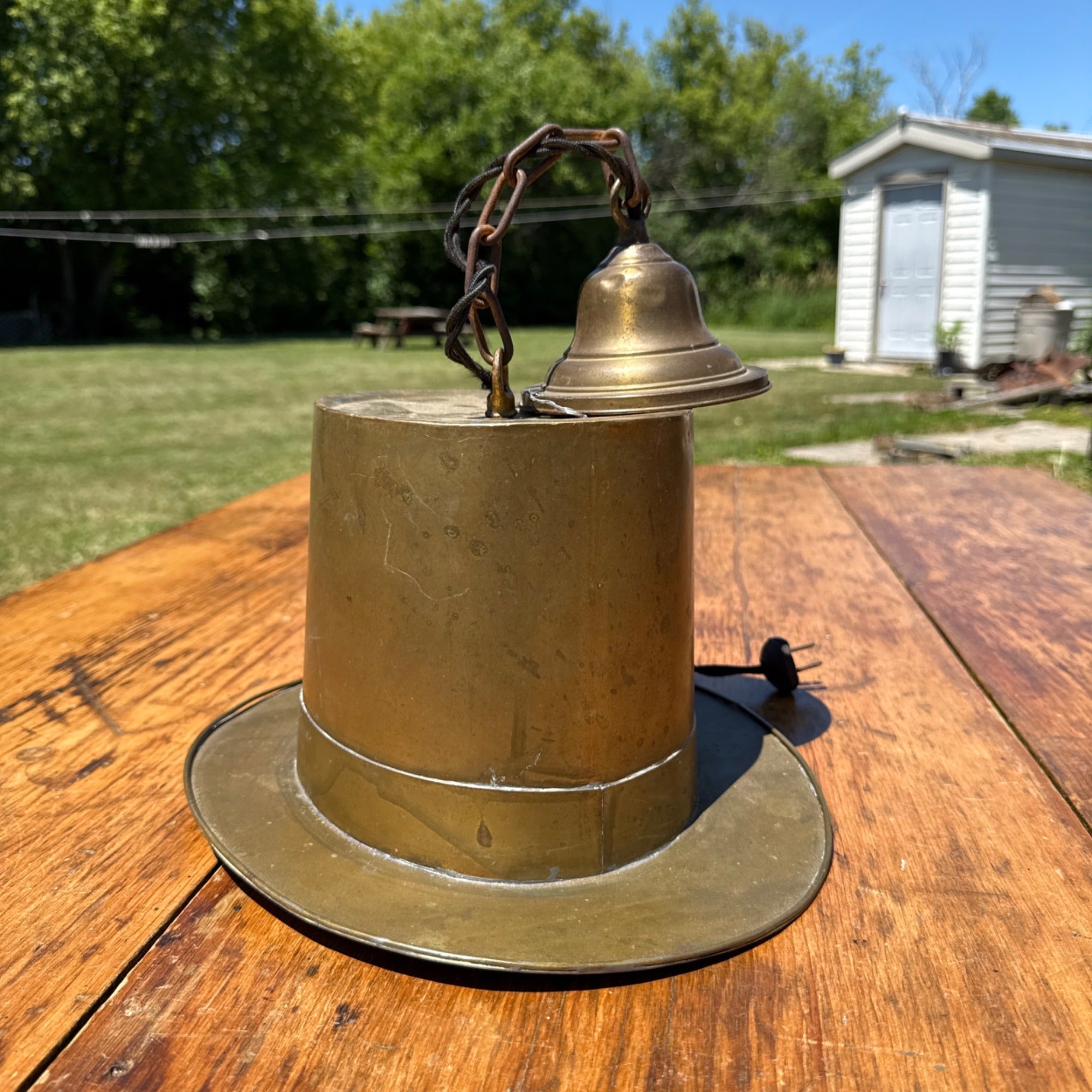Vintage Top Hat Figural Brass Hanging Light Fixture Lamp Trade Sign Primitive