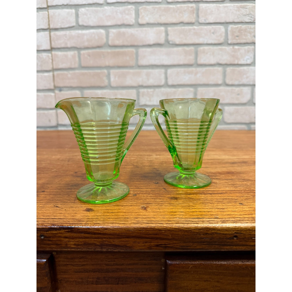 Vintage 1930s Ring Band Creamer Sugar Uranium Glass Set