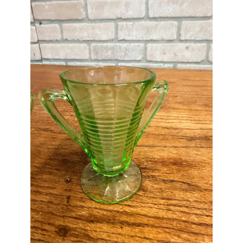 Vintage 1930s Ring Band Creamer Sugar Uranium Glass Set