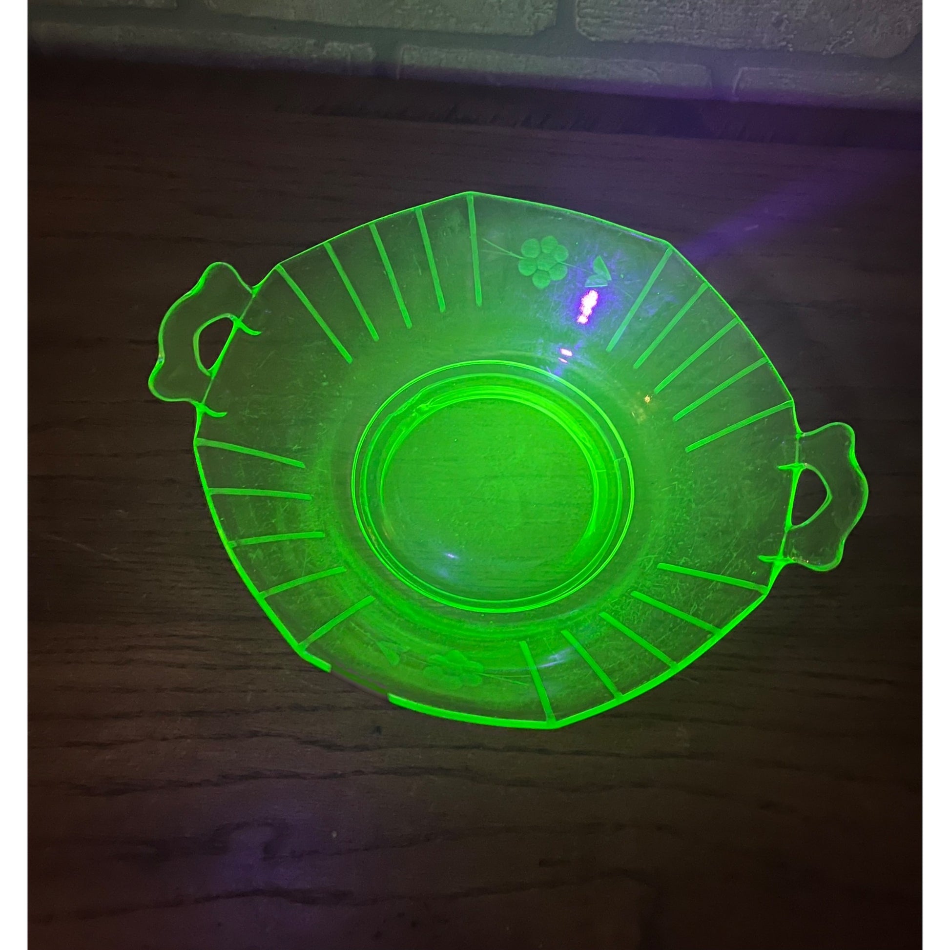 Vintage Uranium Green Imperial Glass Co. Two Handle Bowl Dish Etched Flowers