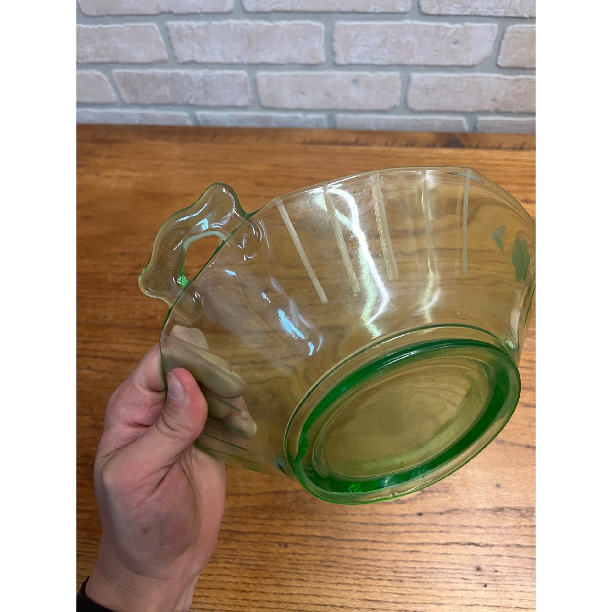 Vintage Uranium Green Imperial Glass Co. Two Handle Bowl Dish Etched Flowers