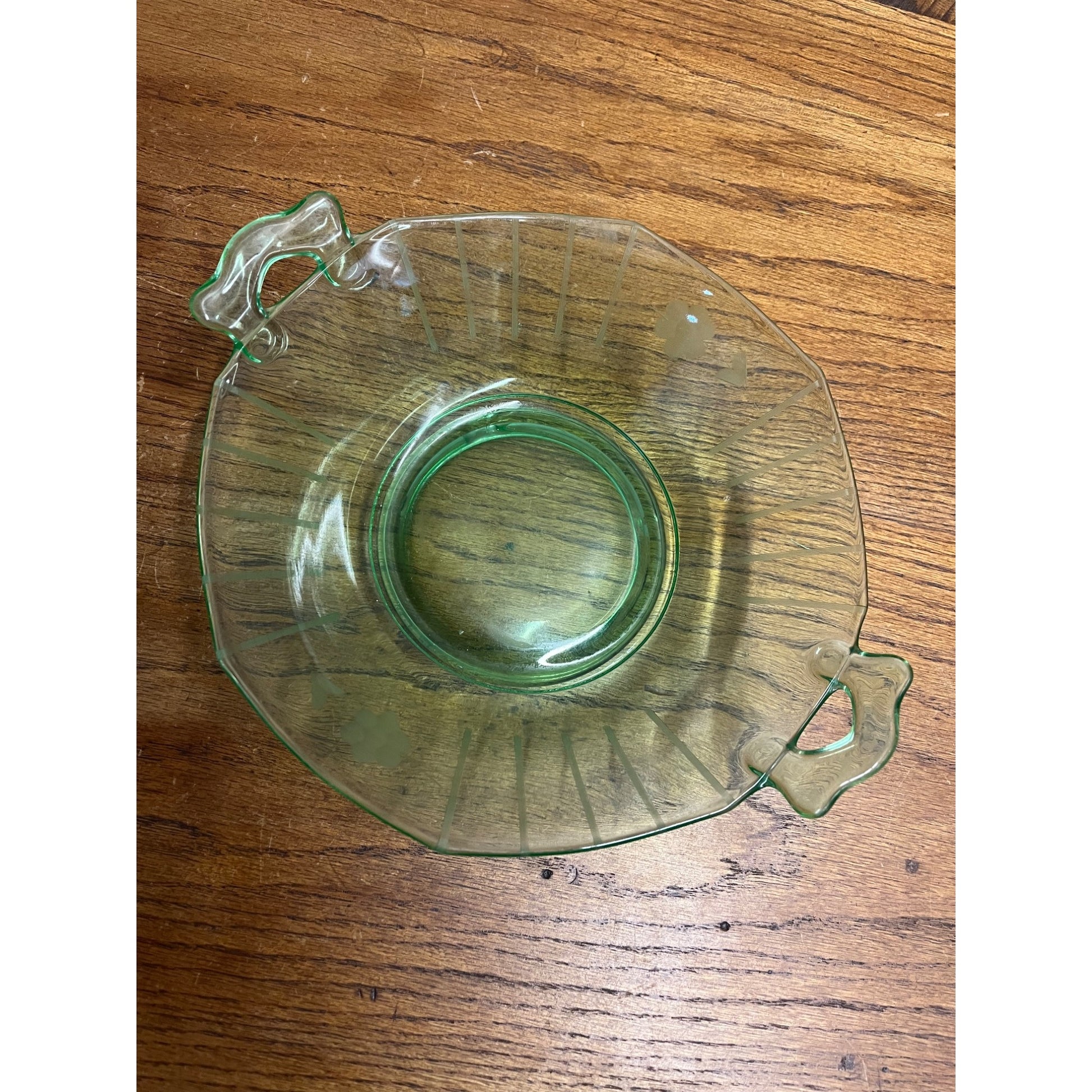 Vintage Uranium Green Imperial Glass Co. Two Handle Bowl Dish Etched Flowers