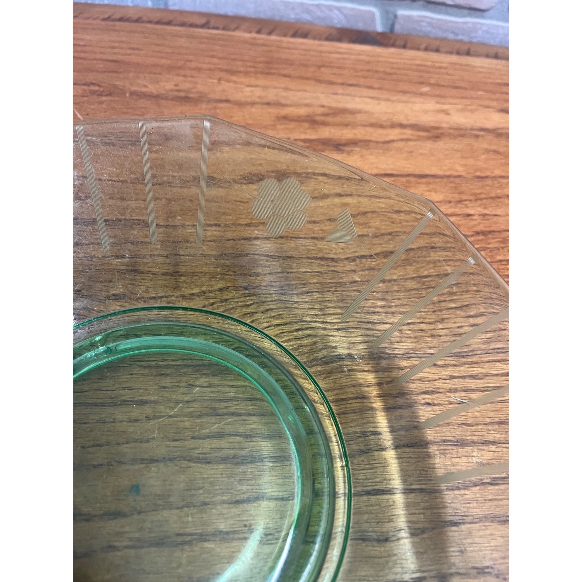Vintage Uranium Green Imperial Glass Co. Two Handle Bowl Dish Etched Flowers